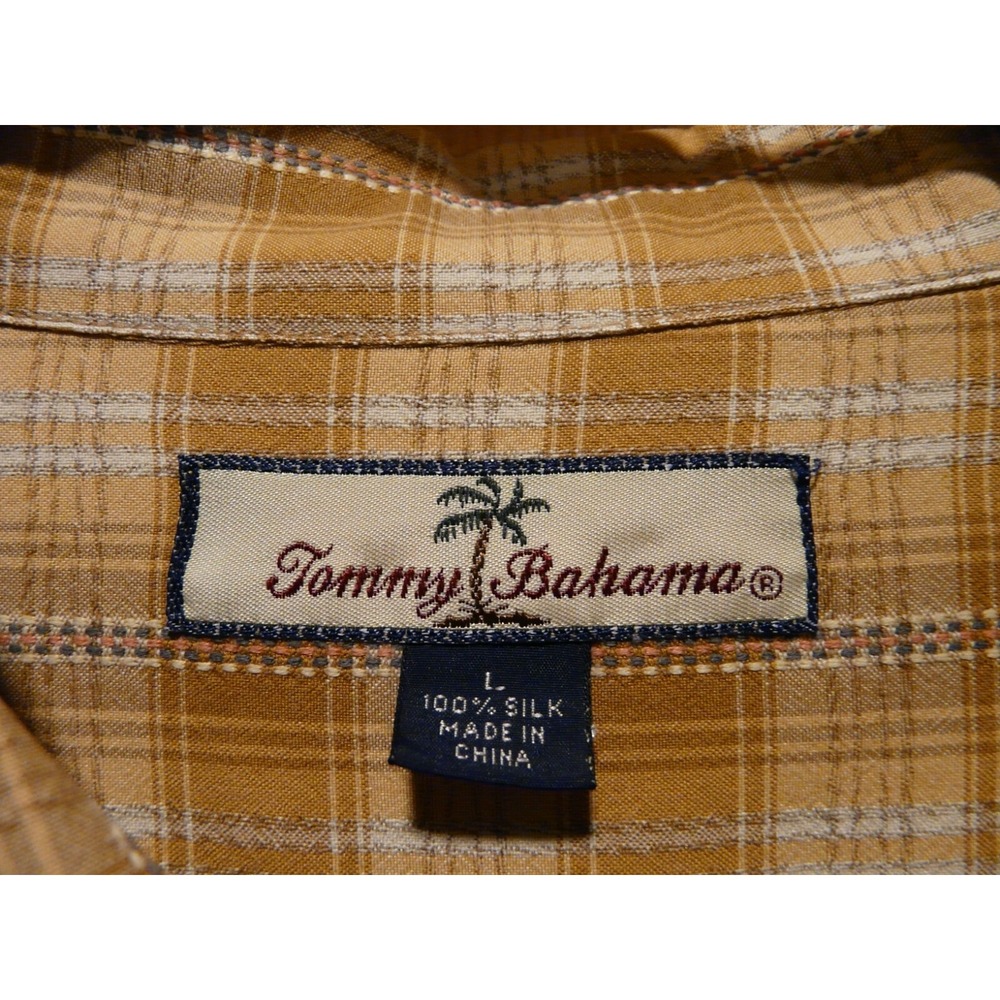 Tommy Bahama Mens Large 100% Silk Button Front Shirt Yellow Tan Plaid Long Sleev - Picture 3 of 8